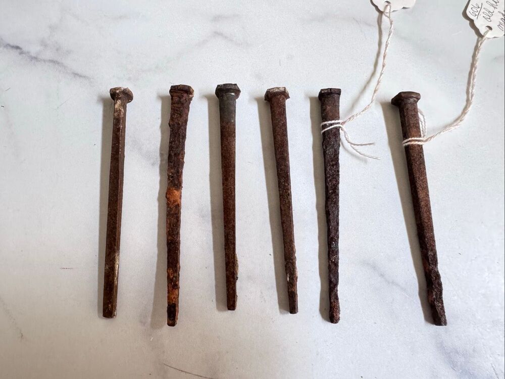 Antique handmade hand forged square head iron metal nails set of 6 rusted long 4